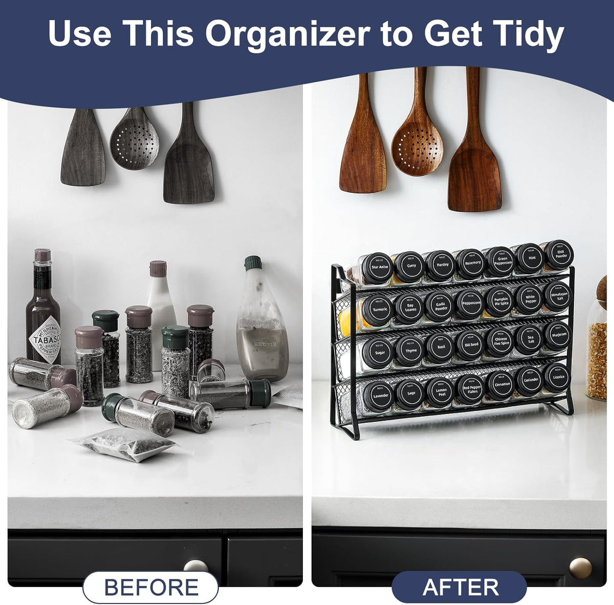 Premium Spice Rack Organizer with 28 Empty Spice Jars, Black Lids, Funnel, and Labels – Ideal for Kitchen, Pantry, and Cabinet Use