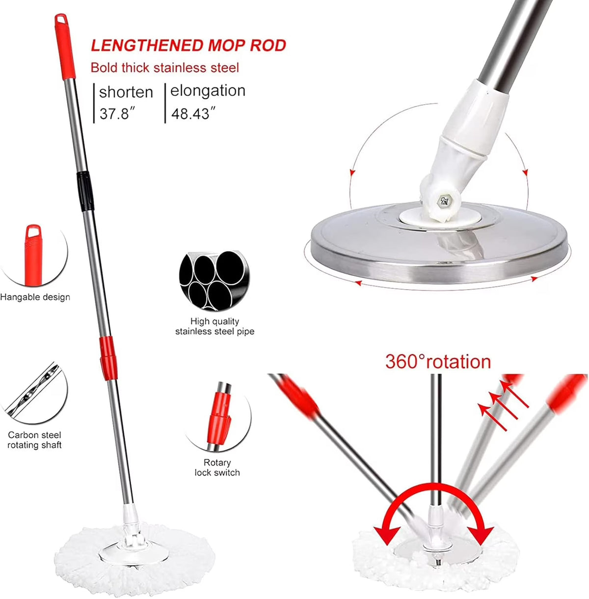 Spin Mop and Bucket Set, 360° Spin Mop and Bucket with Wringer Set and 3 Microfiber Mop Replacement Heads Refills, 61" Stainless Steel Extended Handle Spinning Mop Bucket System for Floor Cleaning
