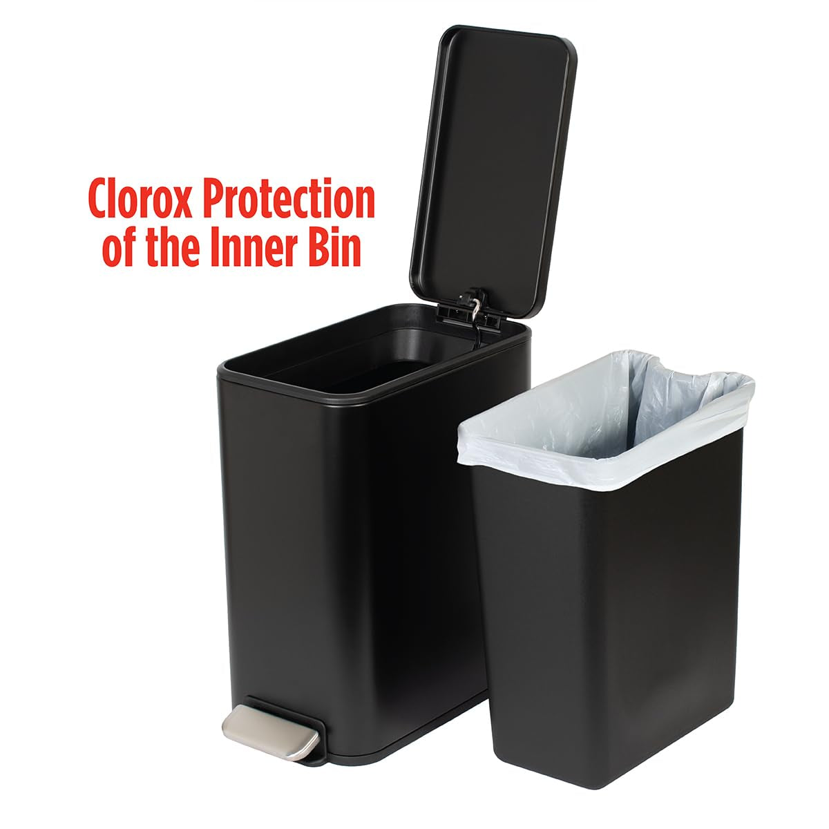 Slim Bathroom Trash Can - Small Garbage Pail with Soft Close Lid & Step Foot Pedal | Narrow Black Metal Waste Basket with Removable Inner Bucket, 2.6 Gallon