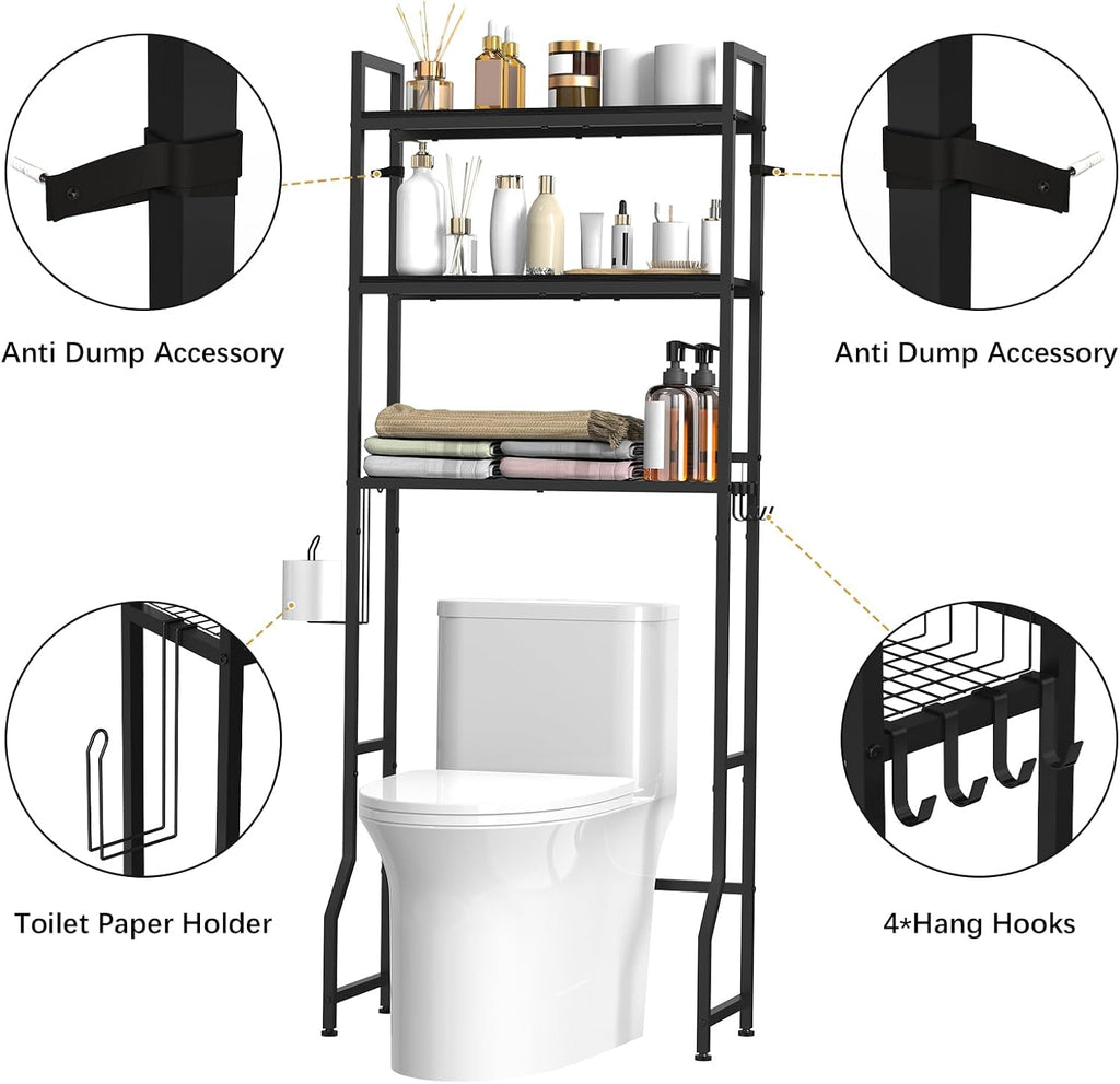 Stylish Over The Toilet Storage Organizer - Maximize Your Bathroom Space with 3 Tiers and Hooks
