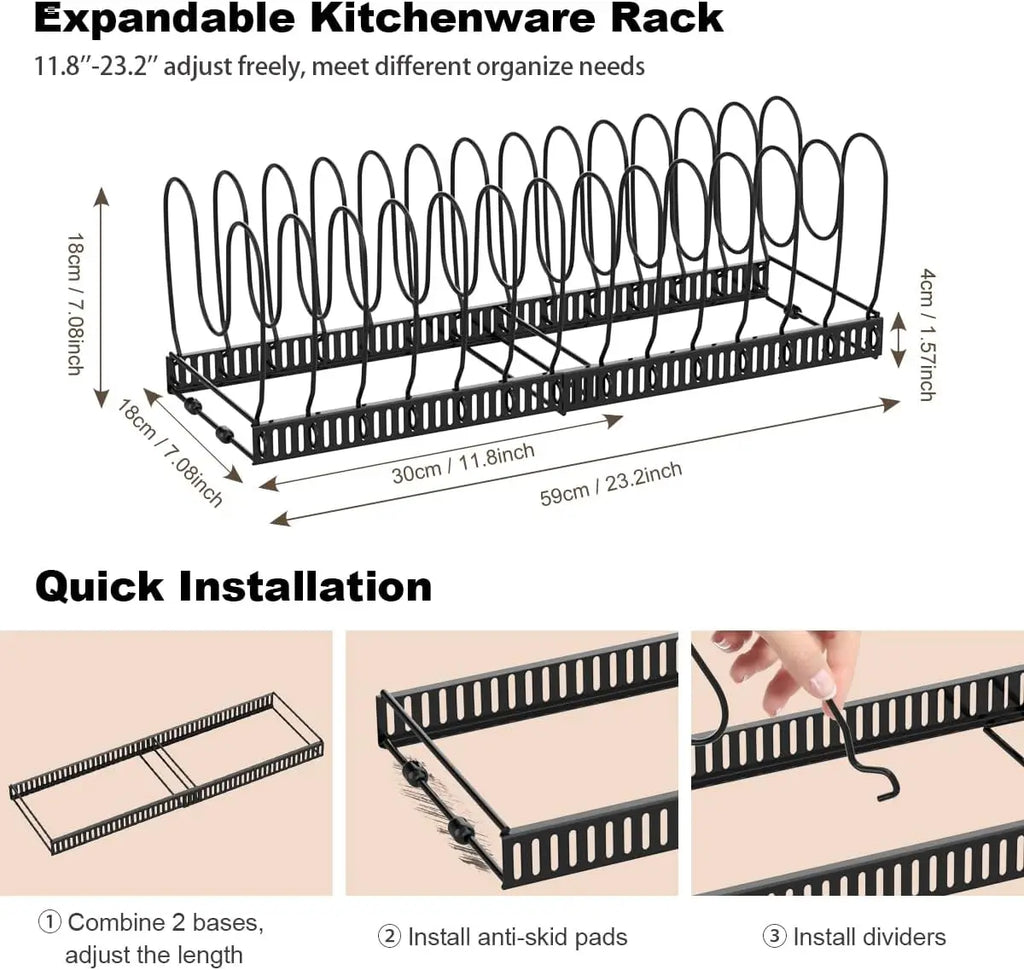 Pot and Pan Organizer Rack for Cabinet Expandable Pot Lid Organizer Holder with 10 Adjustable Dividers