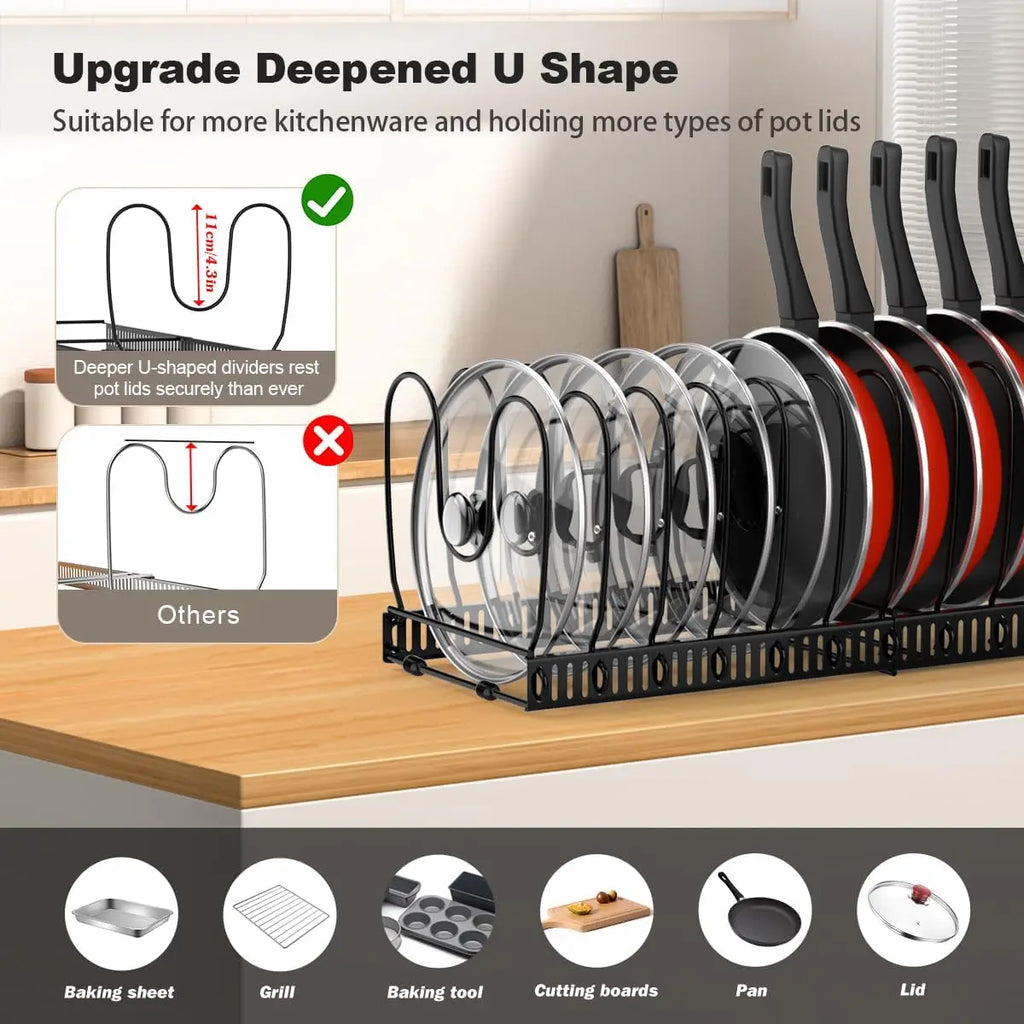 Pot and Pan Organizer Rack for Cabinet Expandable Pot Lid Organizer Holder with 10 Adjustable Dividers