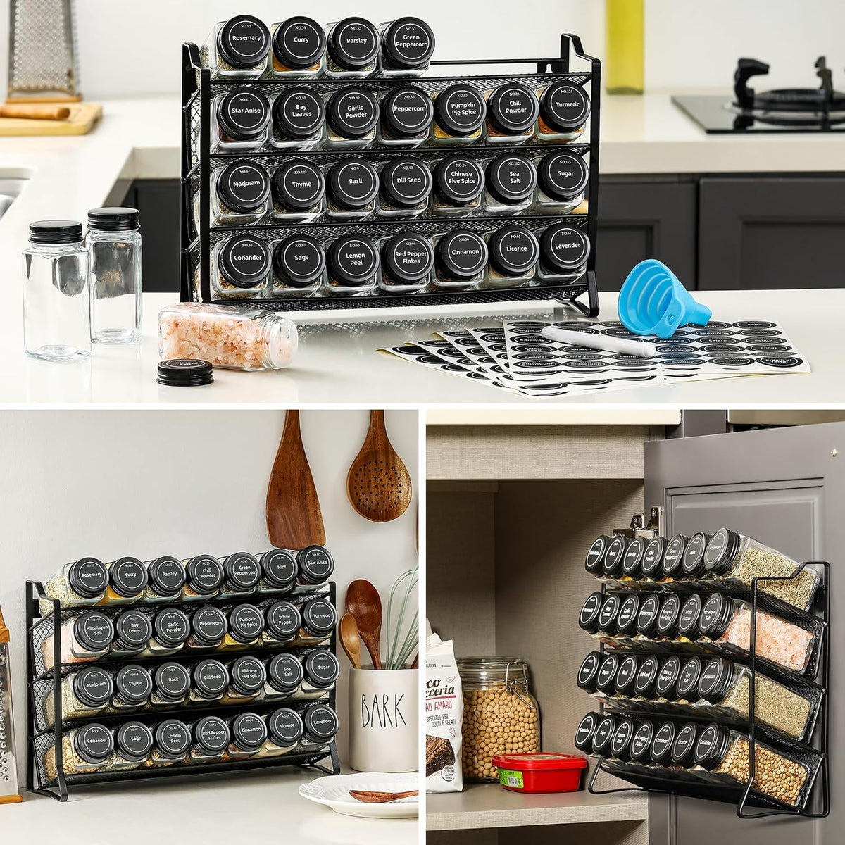 Premium Spice Rack Organizer with 28 Empty Spice Jars, Black Lids, Funnel, and Labels – Ideal for Kitchen, Pantry, and Cabinet Use
