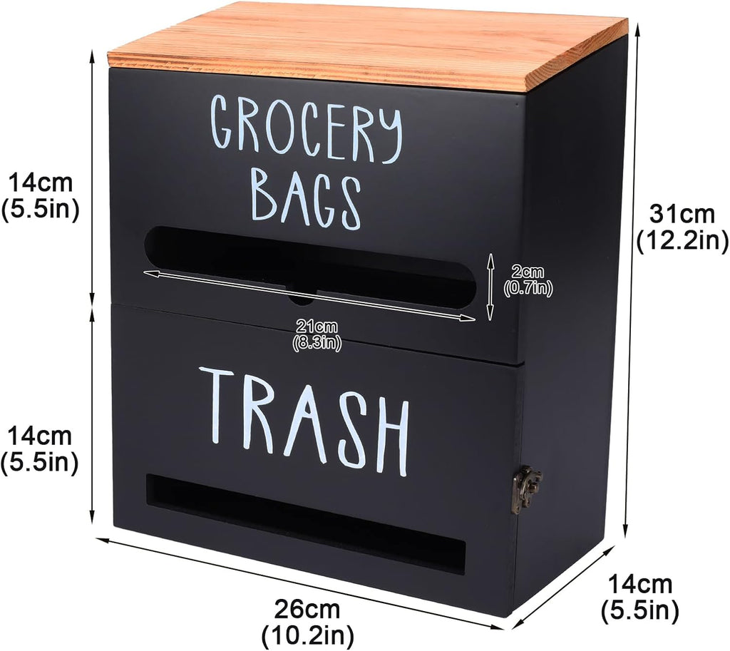 2 in 1 Trash Bag Holder with Grocery Bag Holder, Wooden Trash Bag Dispenser Wall Mounted, Trash Bag Organizer for Countertop/Under Sink, Garbage Bag Holder Dispenser for Plastic Bags, Black