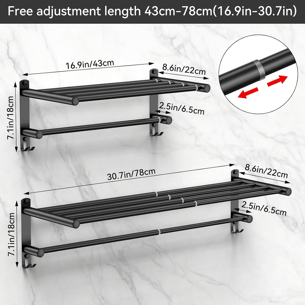Black Adjustable Towel Bar for Bathroom Wall Mount17-30.7Inch Adhesive Shower Towel Rack Stainless Steel Bath Towel Holders for Toilet Kitchen Double Towel Hanger (Black 2-Layer Towel Rack)