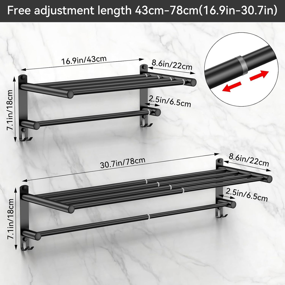 Black Adjustable Towel Bar for Bathroom Wall Mount17-30.7Inch Adhesive Shower Towel Rack Stainless Steel Bath Towel Holders for Toilet Kitchen Double Towel Hanger (Black 2-Layer Towel Rack)
