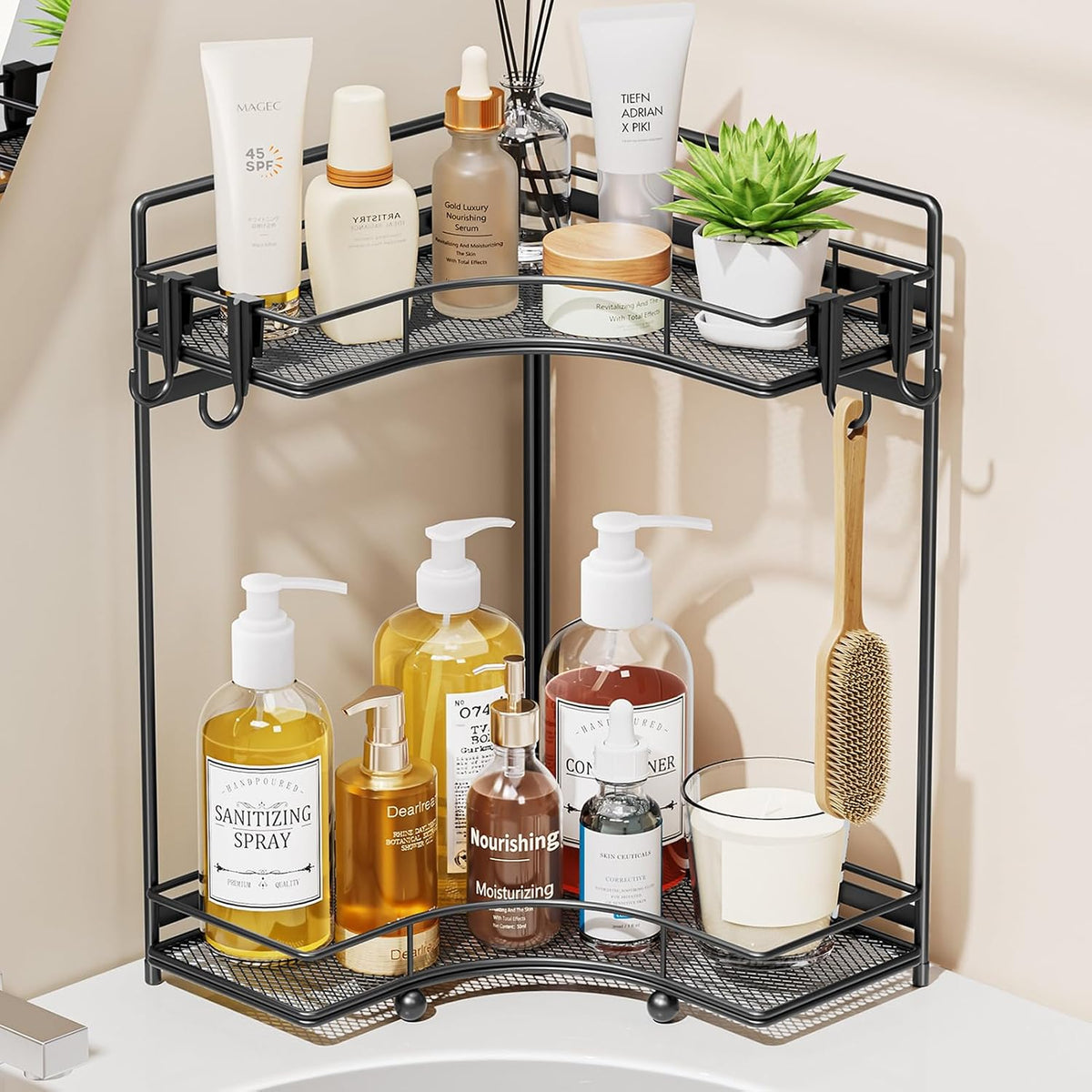 2-Tier Corner Bathroom Counter Organizer, Bathroom Countertop Organizer Storage for Sink, Metal Mesh Makeup Organizer for Vanity Countertop Kitchen with Hooks, Black