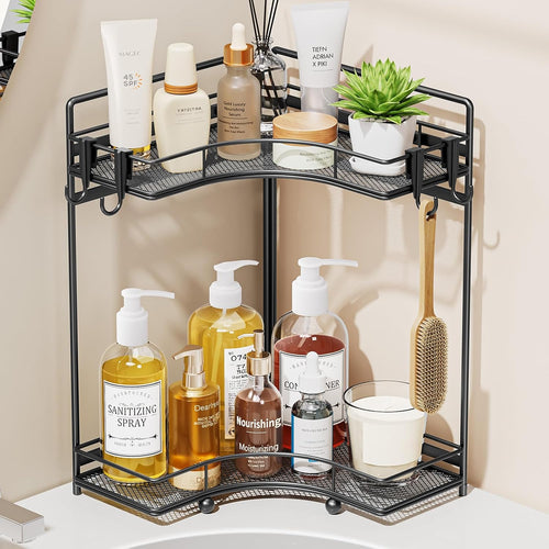 2-Tier Corner Bathroom Counter Organizer, Bathroom Countertop Organizer Storage for Sink, Metal Mesh Makeup Organizer for Vanity Countertop Kitchen with Hooks, Black
