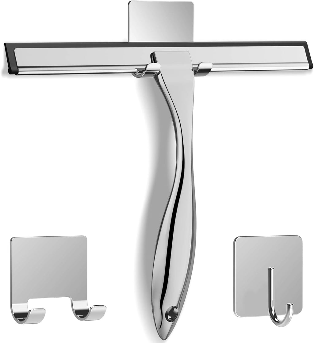 Effortless Cleaning with Our All-Purpose Stainless Steel Shower Squeegee - Includes 2 Adhesive Hooks for Convenient Storage