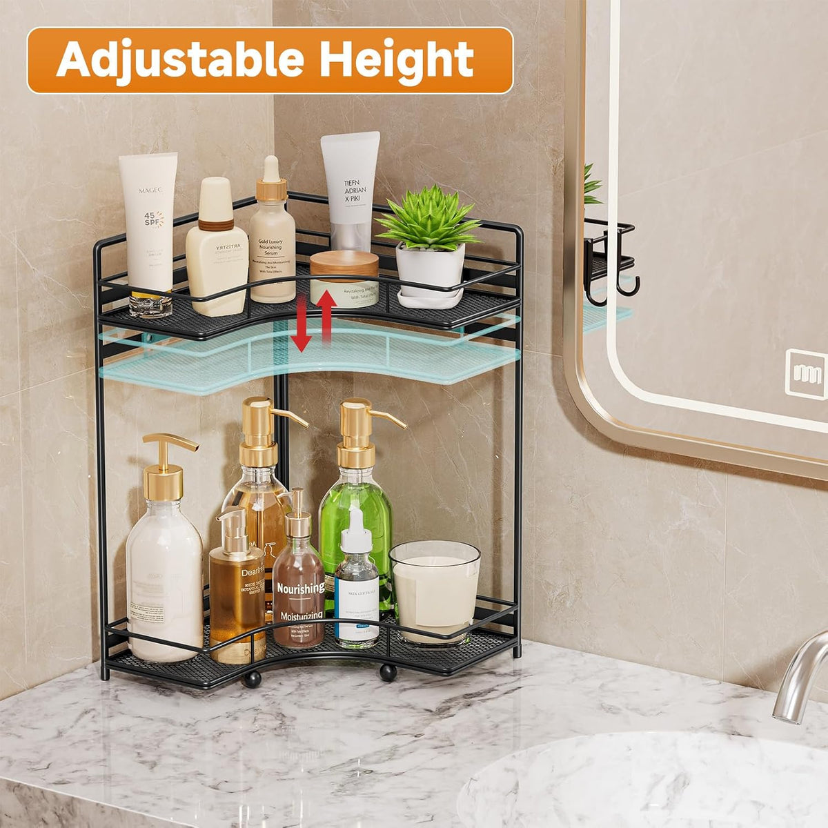 2-Tier Corner Bathroom Counter Organizer, Bathroom Countertop Organizer Storage for Sink, Metal Mesh Makeup Organizer for Vanity Countertop Kitchen with Hooks, Black