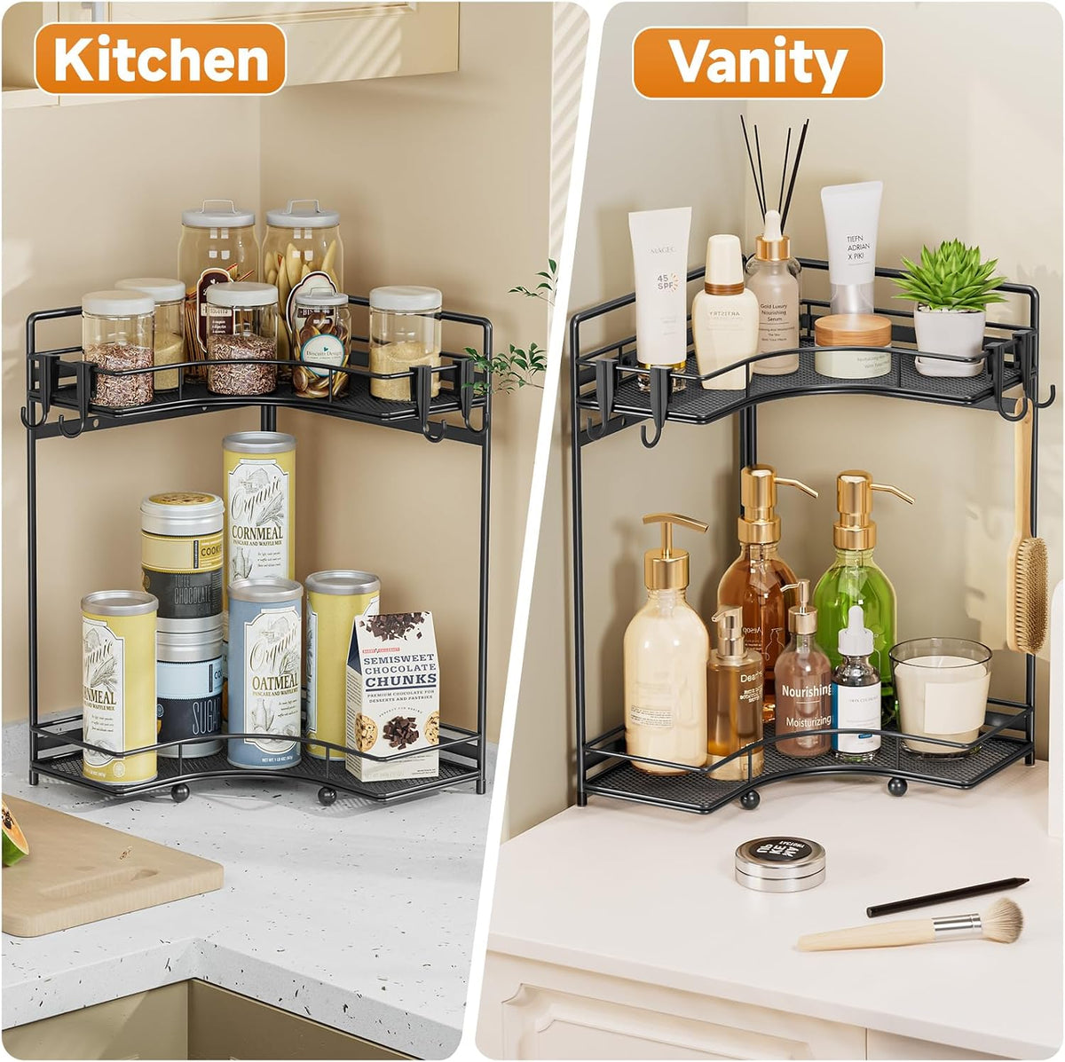 2-Tier Corner Bathroom Counter Organizer, Bathroom Countertop Organizer Storage for Sink, Metal Mesh Makeup Organizer for Vanity Countertop Kitchen with Hooks, Black