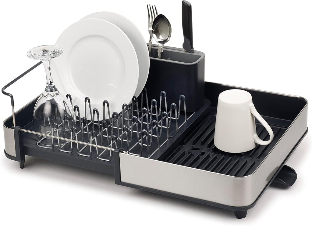  Extendable Stainless Steel Dish Drying Rack with Dual Components - Non-Scratch Movable Utensil Drainer and Drainage Spout, Gray