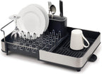 Extendable Stainless Steel Dish Drying Rack with Dual Components - Non-Scratch Movable Utensil Drainer and Drainage Spout, Gray