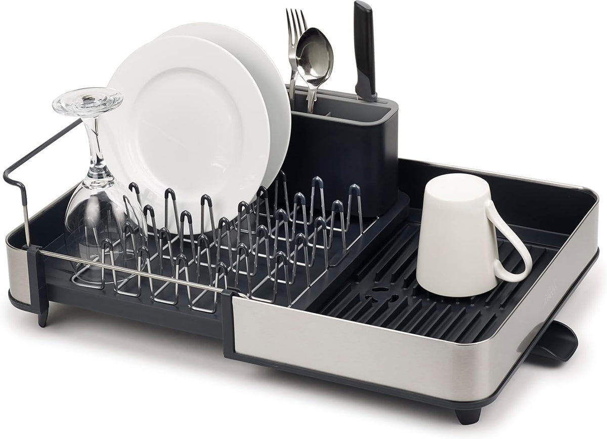  Extendable Stainless Steel Dish Drying Rack with Dual Components - Non-Scratch Movable Utensil Drainer and Drainage Spout, Gray