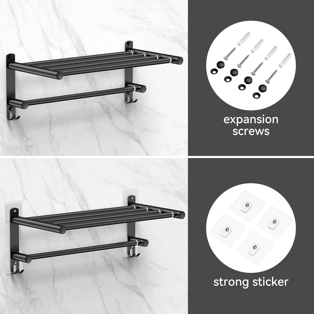 Black Adjustable Towel Bar for Bathroom Wall Mount17-30.7Inch Adhesive Shower Towel Rack Stainless Steel Bath Towel Holders for Toilet Kitchen Double Towel Hanger (Black 2-Layer Towel Rack)