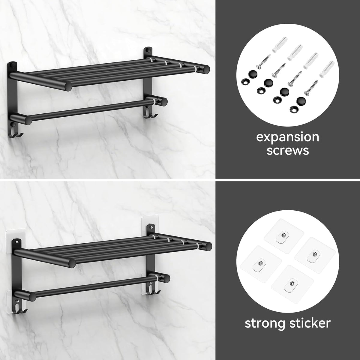 Black Adjustable Towel Bar for Bathroom Wall Mount17-30.7Inch Adhesive Shower Towel Rack Stainless Steel Bath Towel Holders for Toilet Kitchen Double Towel Hanger (Black 2-Layer Towel Rack)
