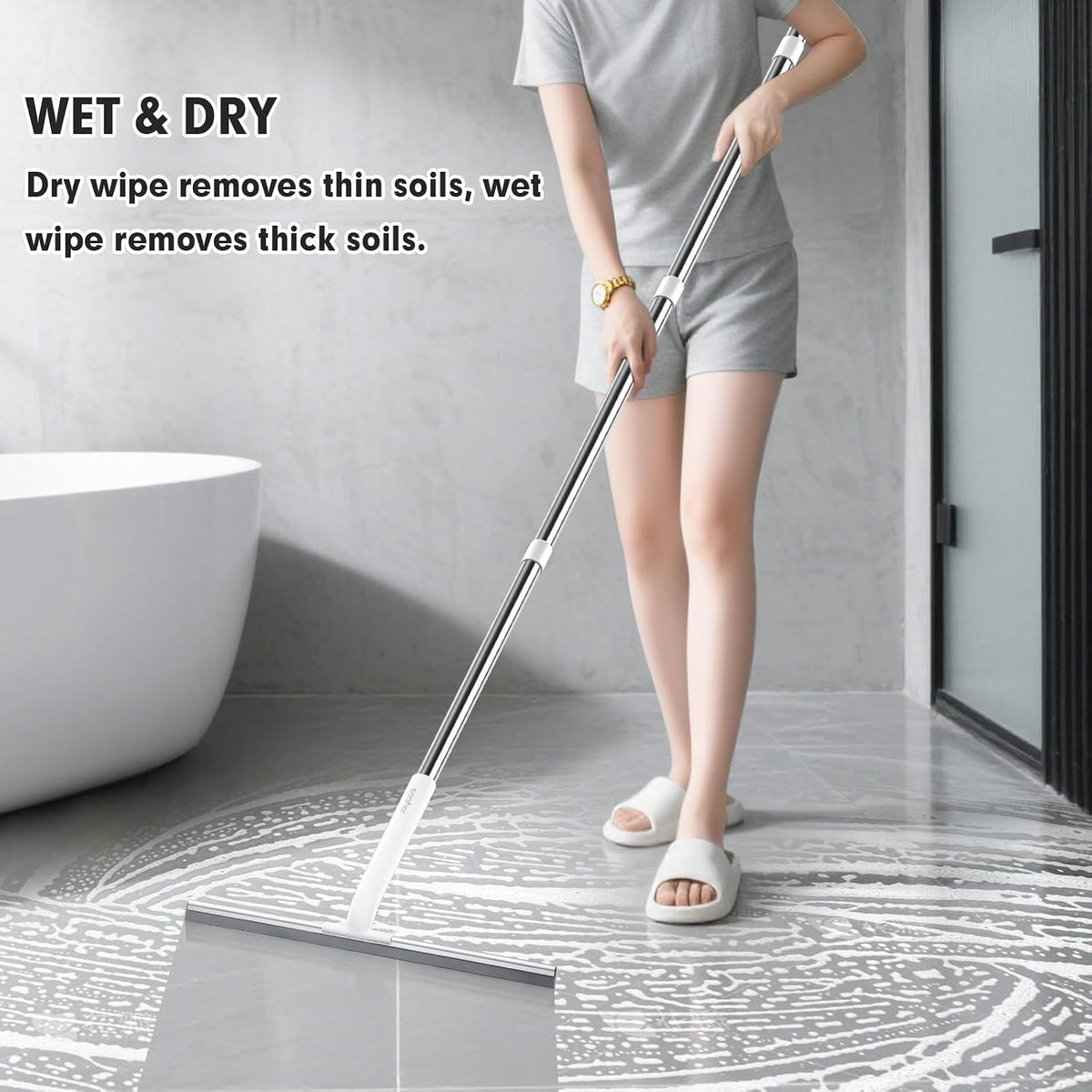 Rubber Floor Squeegee for Smooth Surface Concrete Floor, Tile Floor, Heavy Duty Garage Shower Floor Squeegee Broom for Removing Water, Commercial Scrubber Mop with Adjustable Long Handle (XL)