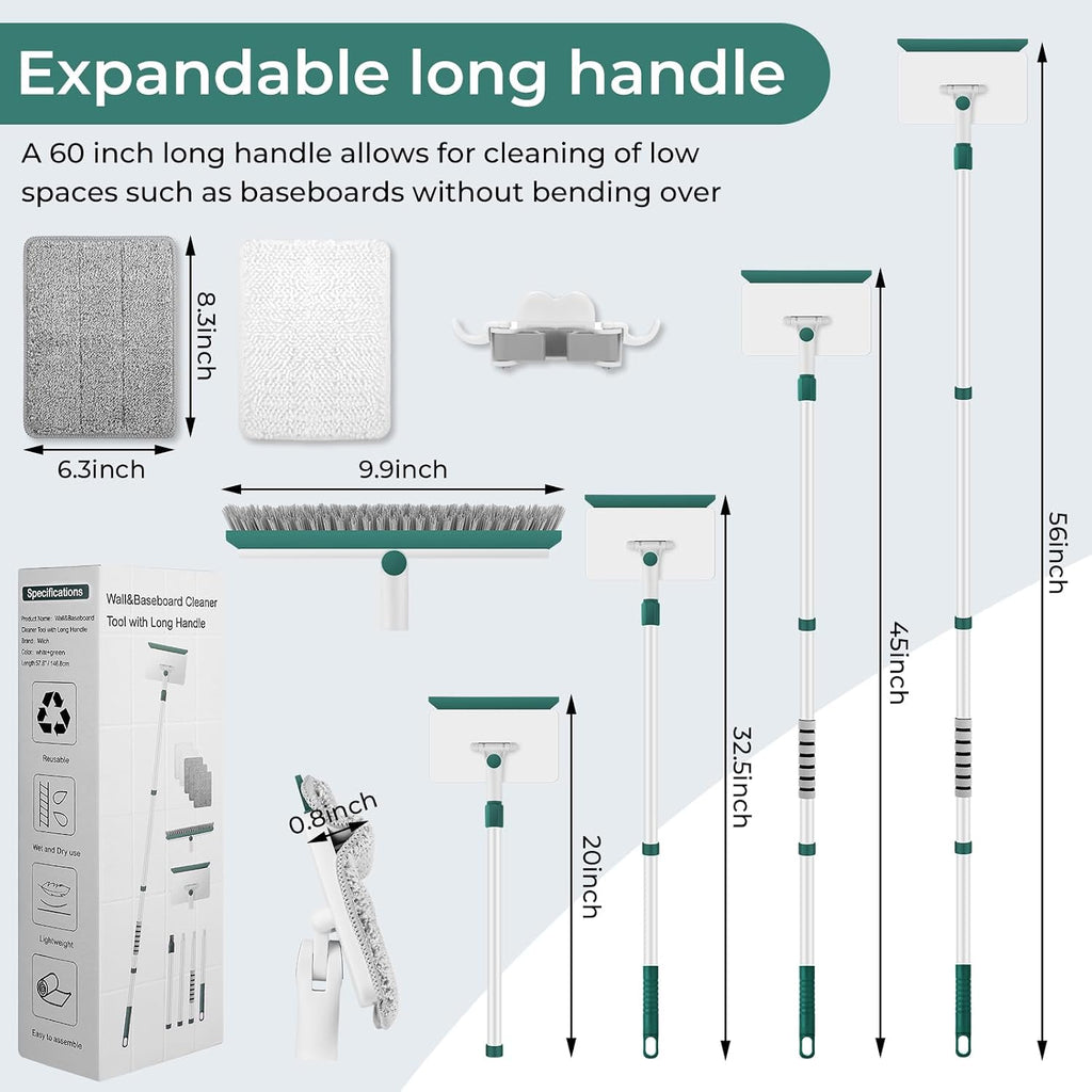 Baseboard Cleaner Tool with 60" Extendable Handle, 5 Reusable Pads