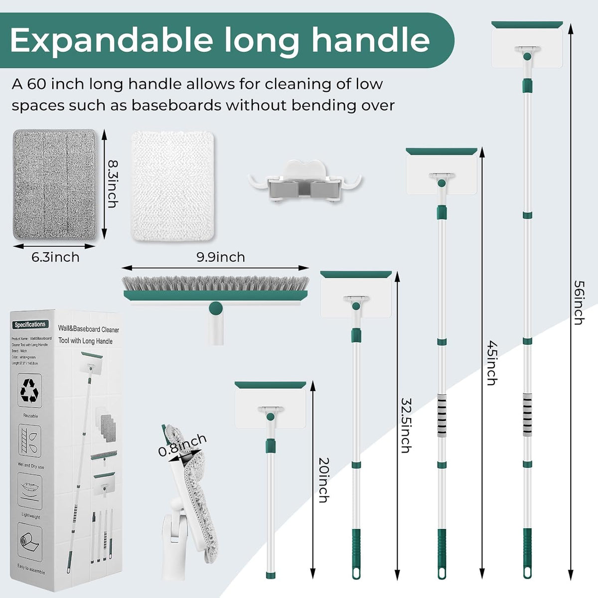 Baseboard Cleaner Tool with 60" Extendable Handle, 5 Reusable Pads