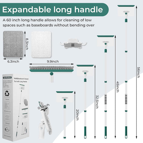 Baseboard Cleaner Tool with 60" Extendable Handle, 5 Reusable Pads