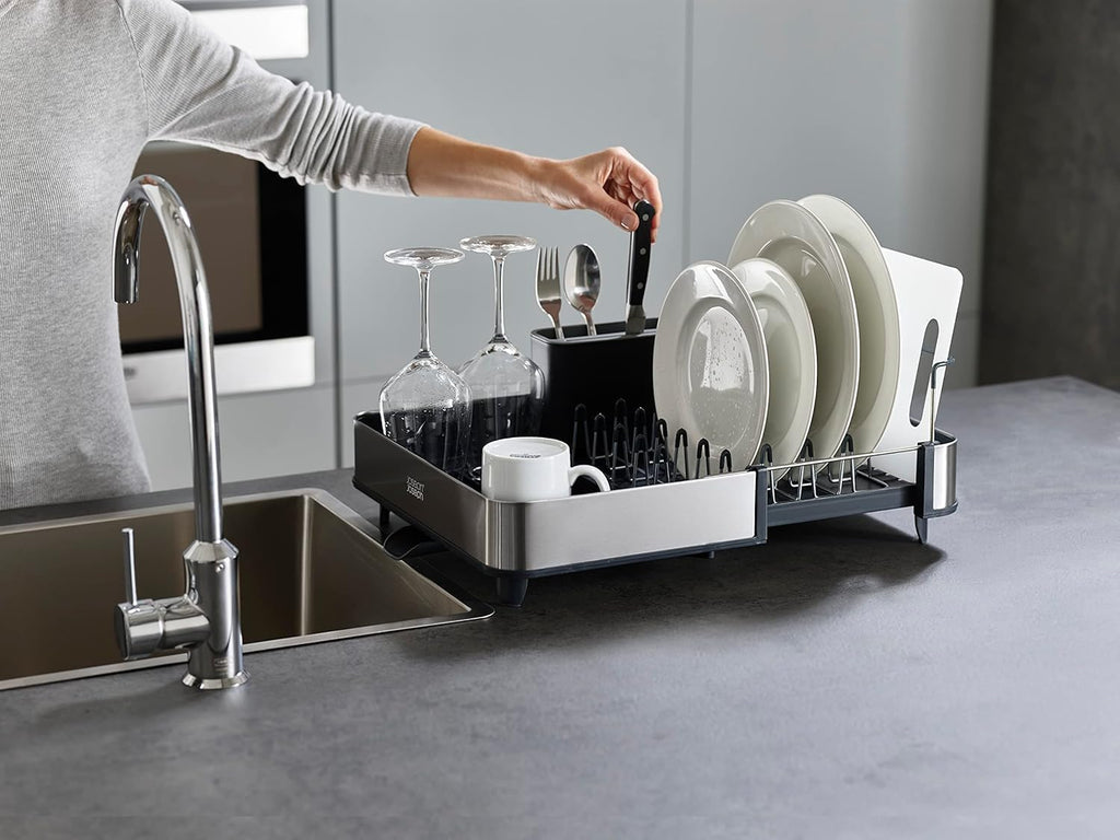  Extendable Stainless Steel Dish Drying Rack with Dual Components - Non-Scratch Movable Utensil Drainer and Drainage Spout, Gray