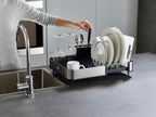  Extendable Stainless Steel Dish Drying Rack with Dual Components - Non-Scratch Movable Utensil Drainer and Drainage Spout, Gray