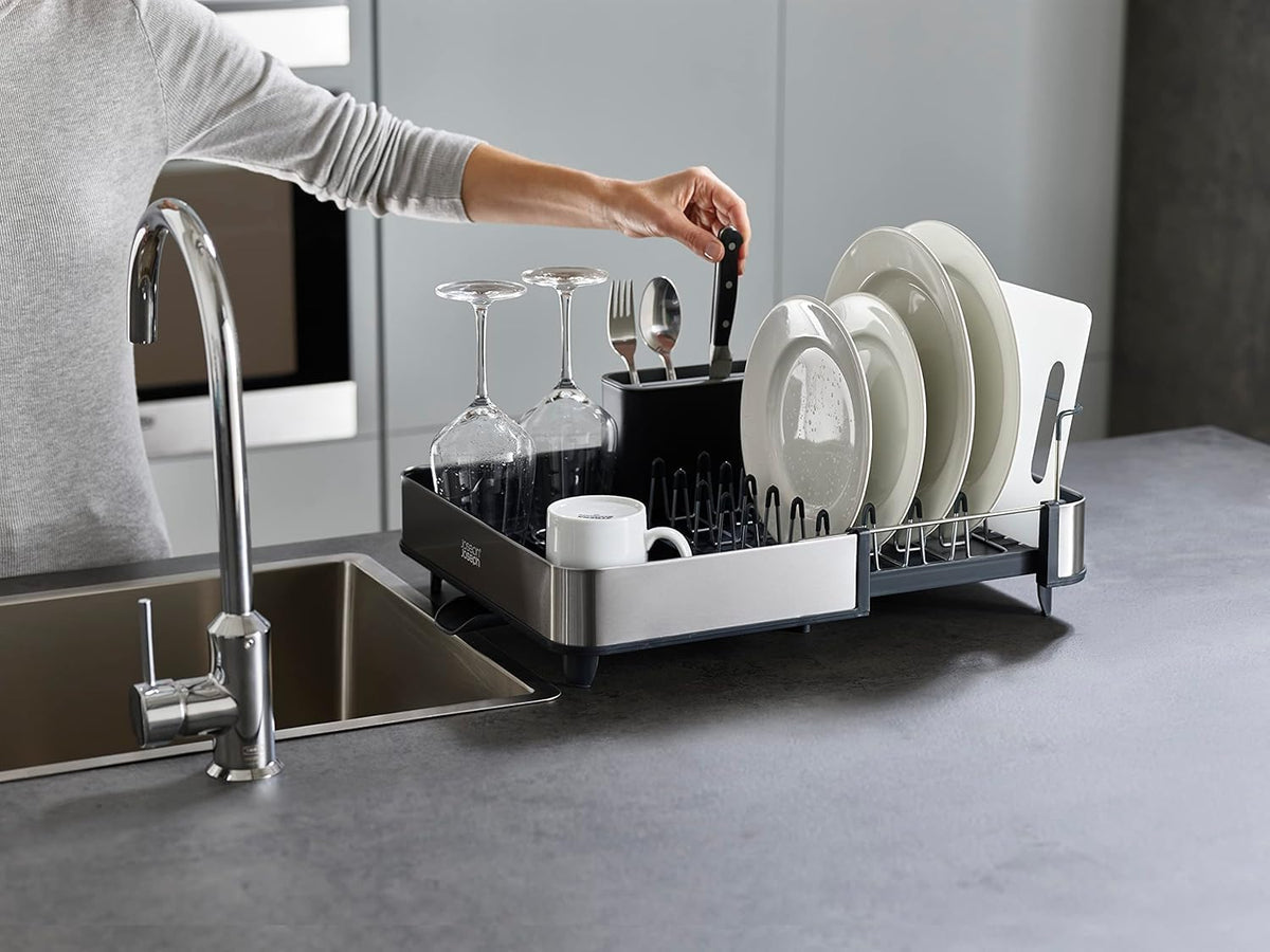  Extendable Stainless Steel Dish Drying Rack with Dual Components - Non-Scratch Movable Utensil Drainer and Drainage Spout, Gray