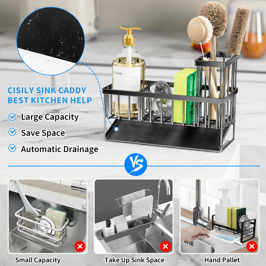 Kitchen Rust-Resistant Metal Sink Caddy Organizer with Brush Holder - Stylish Kitchen Sponge Holder for a Clutter-Free Sink Area