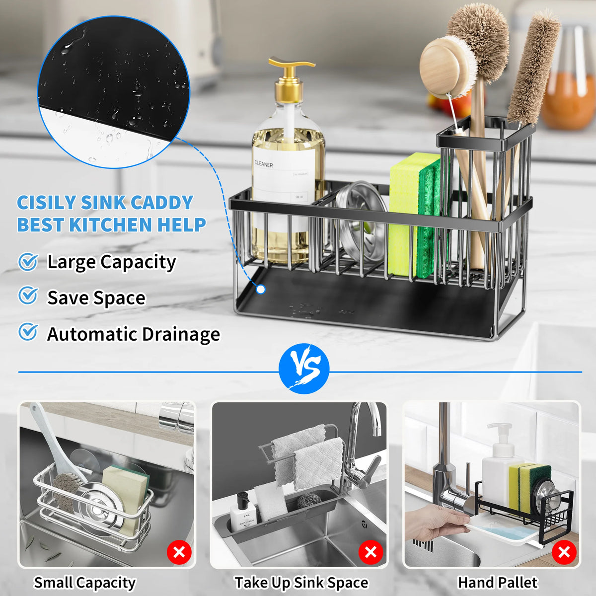 Kitchen Rust-Resistant Metal Sink Caddy Organizer with Brush Holder - Stylish Kitchen Sponge Holder for a Clutter-Free Sink Area