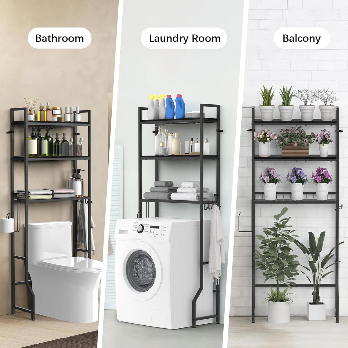 Stylish Over The Toilet Storage Organizer - Maximize Your Bathroom Space with 3 Tiers and Hooks