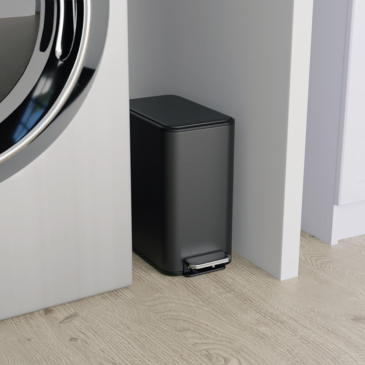 Slim Bathroom Trash Can - Small Garbage Pail with Soft Close Lid & Step Foot Pedal | Narrow Black Metal Waste Basket with Removable Inner Bucket, 2.6 Gallon