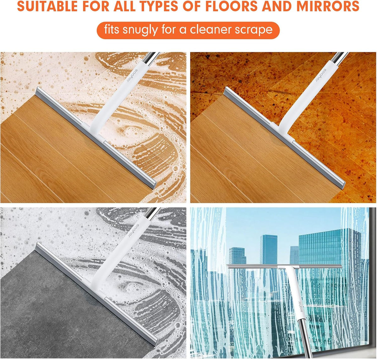 Rubber Floor Squeegee for Smooth Surface Concrete Floor, Tile Floor, Heavy Duty Garage Shower Floor Squeegee Broom for Removing Water, Commercial Scrubber Mop with Adjustable Long Handle (XL)