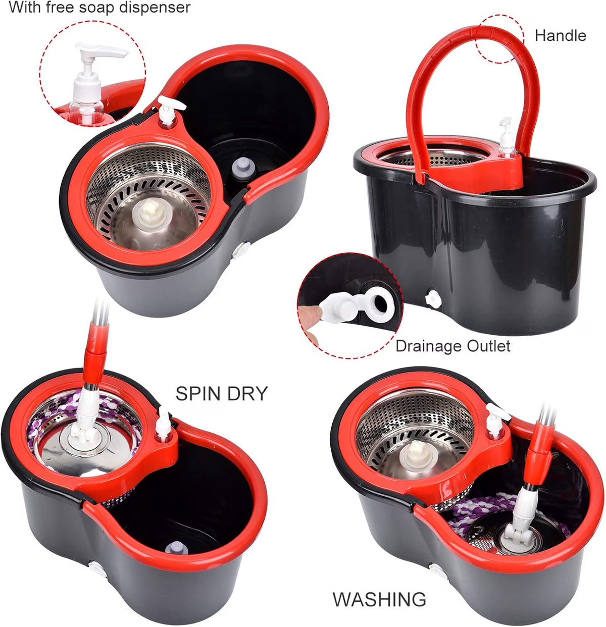 Spin Mop and Bucket Set, 360° Spin Mop and Bucket with Wringer Set and 3 Microfiber Mop Replacement Heads Refills, 61" Stainless Steel Extended Handle Spinning Mop Bucket System for Floor Cleaning