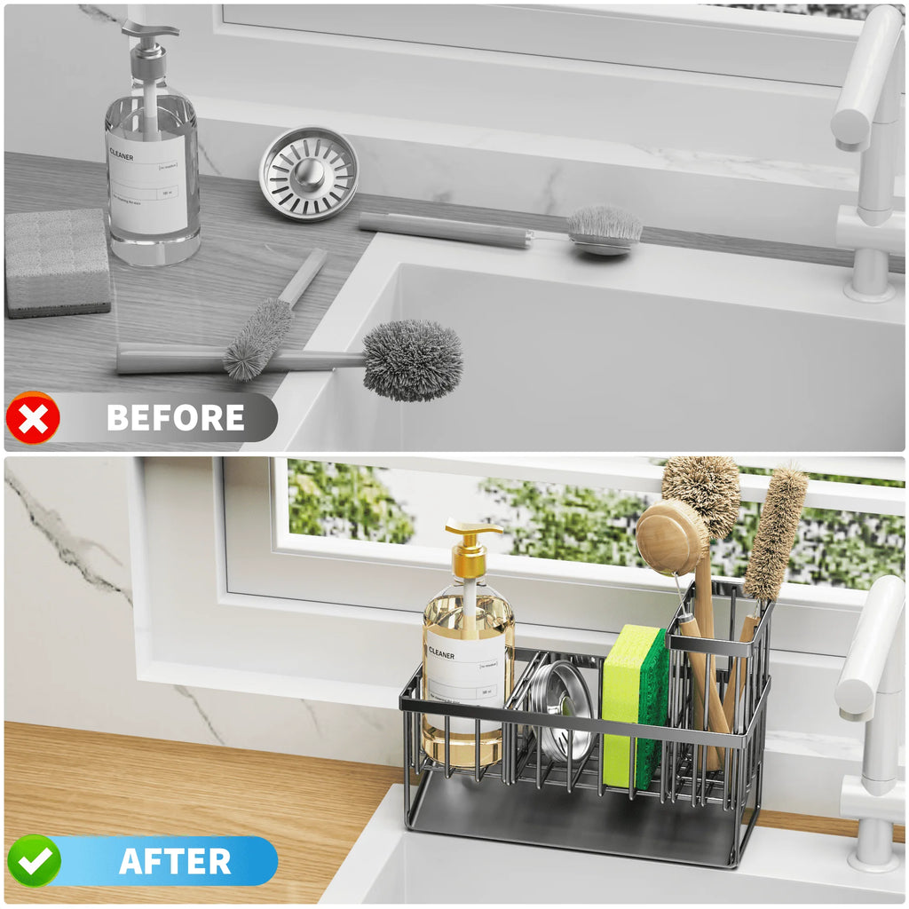 Kitchen Rust-Resistant Metal Sink Caddy Organizer with Brush Holder - Stylish Kitchen Sponge Holder for a Clutter-Free Sink Area