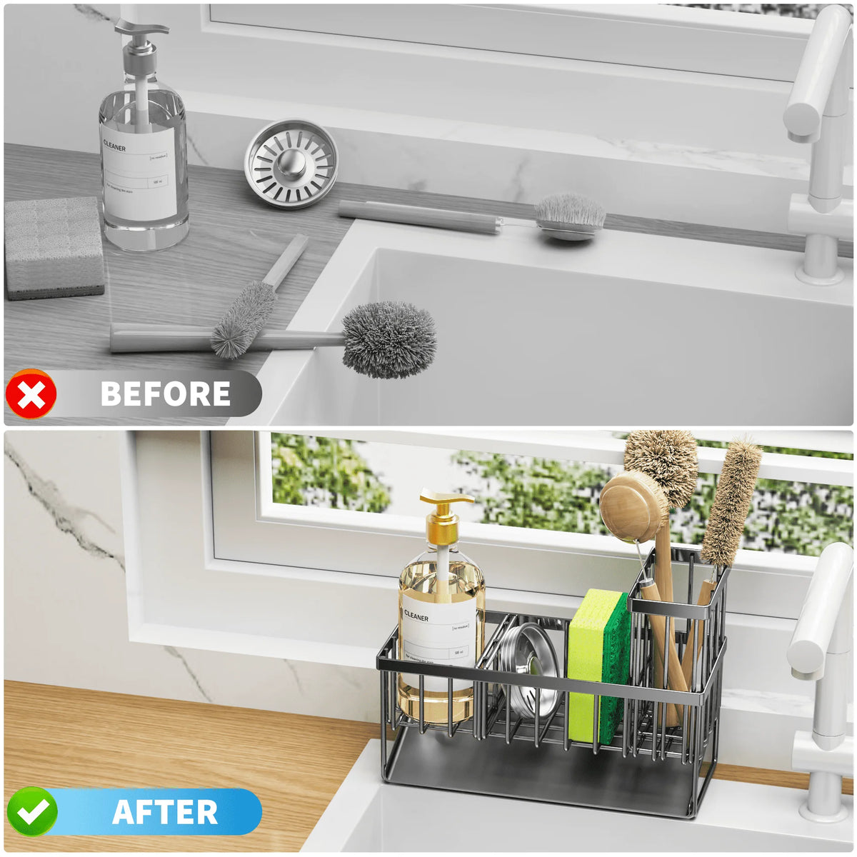 Kitchen Rust-Resistant Metal Sink Caddy Organizer with Brush Holder - Stylish Kitchen Sponge Holder for a Clutter-Free Sink Area