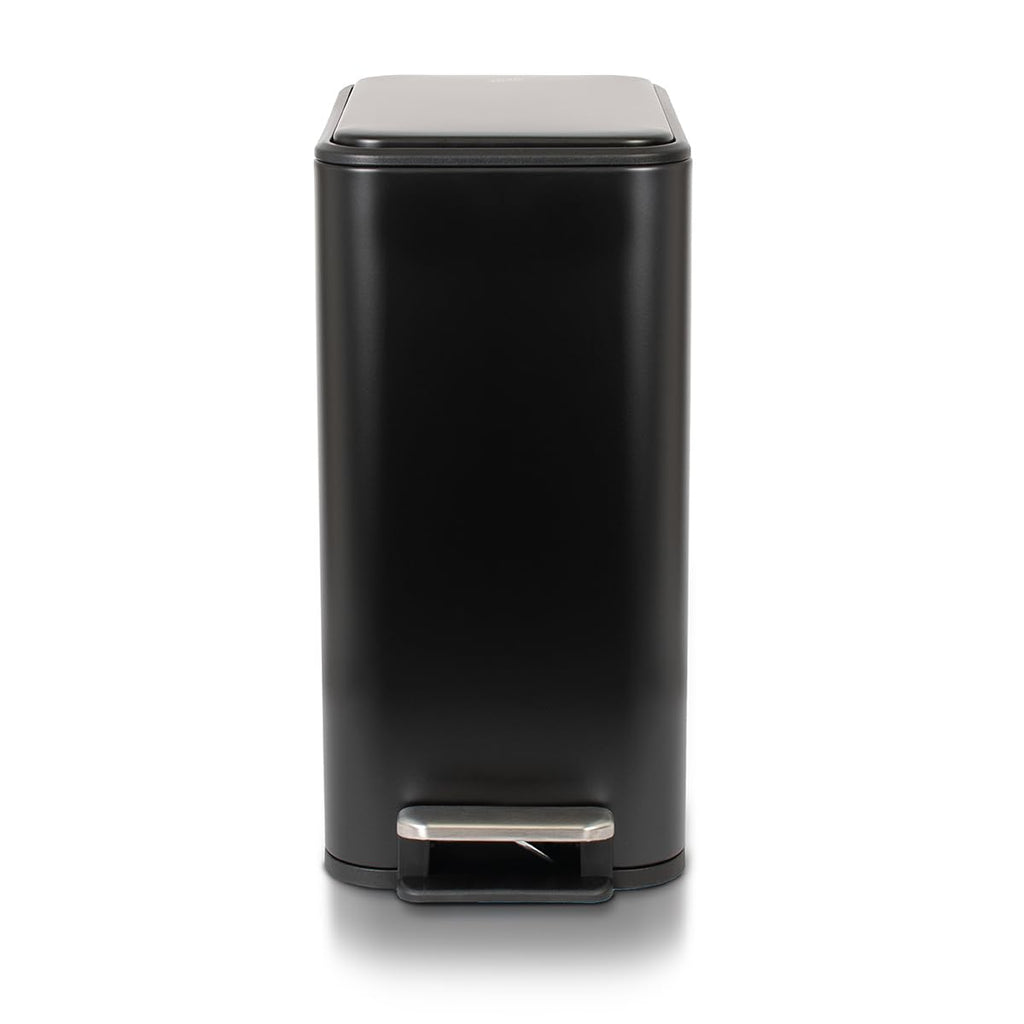 Slim Bathroom Trash Can - Small Garbage Pail with Soft Close Lid & Step Foot Pedal | Narrow Black Metal Waste Basket with Removable Inner Bucket, 2.6 Gallon
