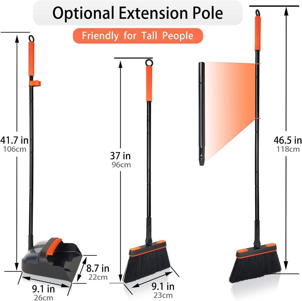 Broom and Dustpan Set for Home, Long Handle Lightweight 180 Degree Rotating Broom Set Indoor, Upright Standing Dust Pan with Comb Teeth, Store Sweep Set for Room Kitchen Office Lobby