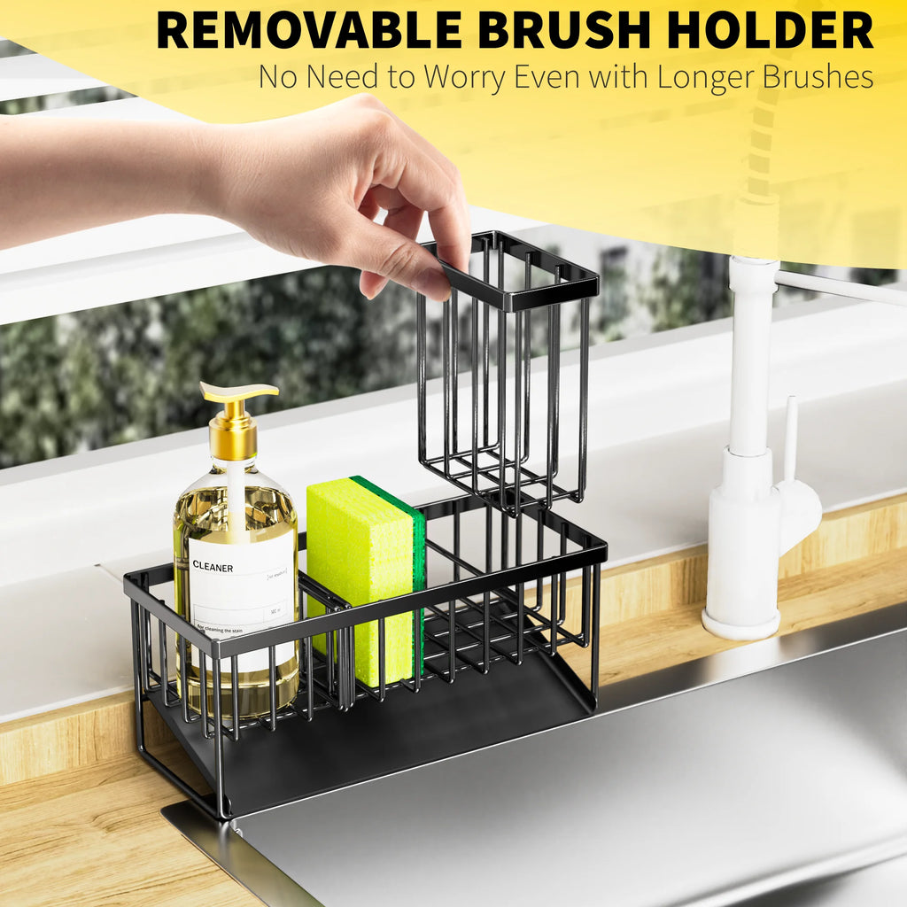 Kitchen Rust-Resistant Metal Sink Caddy Organizer with Brush Holder - Stylish Kitchen Sponge Holder for a Clutter-Free Sink Area