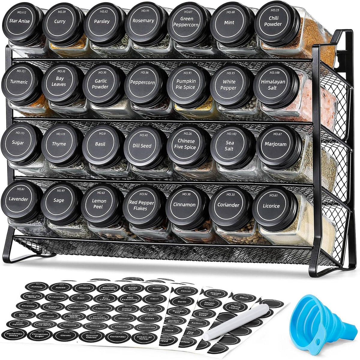 Premium Spice Rack Organizer with 28 Empty Spice Jars, Black Lids, Funnel, and Labels – Ideal for Kitchen, Pantry, and Cabinet Use