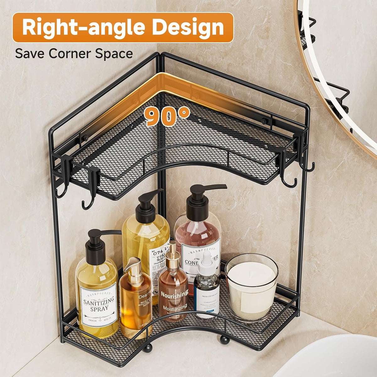 2-Tier Corner Bathroom Counter Organizer, Bathroom Countertop Organizer Storage for Sink, Metal Mesh Makeup Organizer for Vanity Countertop Kitchen with Hooks, Black