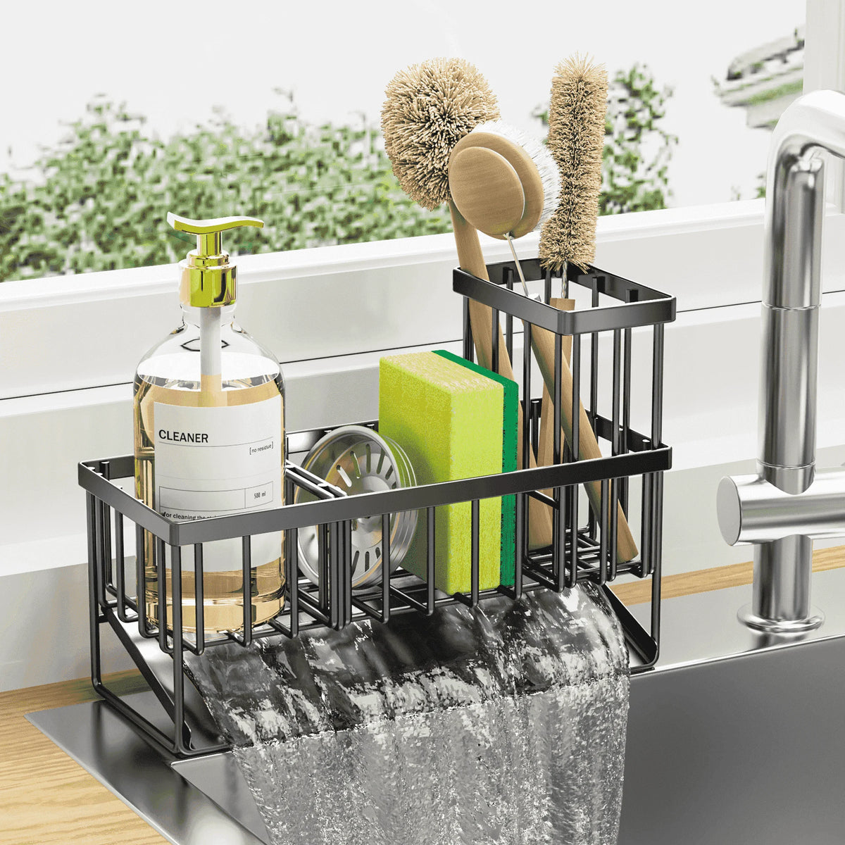 Kitchen Rust-Resistant Metal Sink Caddy Organizer with Brush Holder - Stylish Kitchen Sponge Holder for a Clutter-Free Sink Area