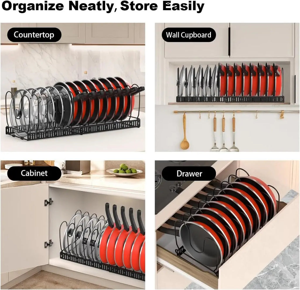 Pot and Pan Organizer Rack for Cabinet Expandable Pot Lid Organizer Holder with 10 Adjustable Dividers