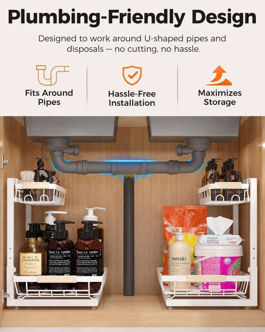 2-Pack Adjustable Height Two-Tier Under-Sink Organizer and Storage Solution