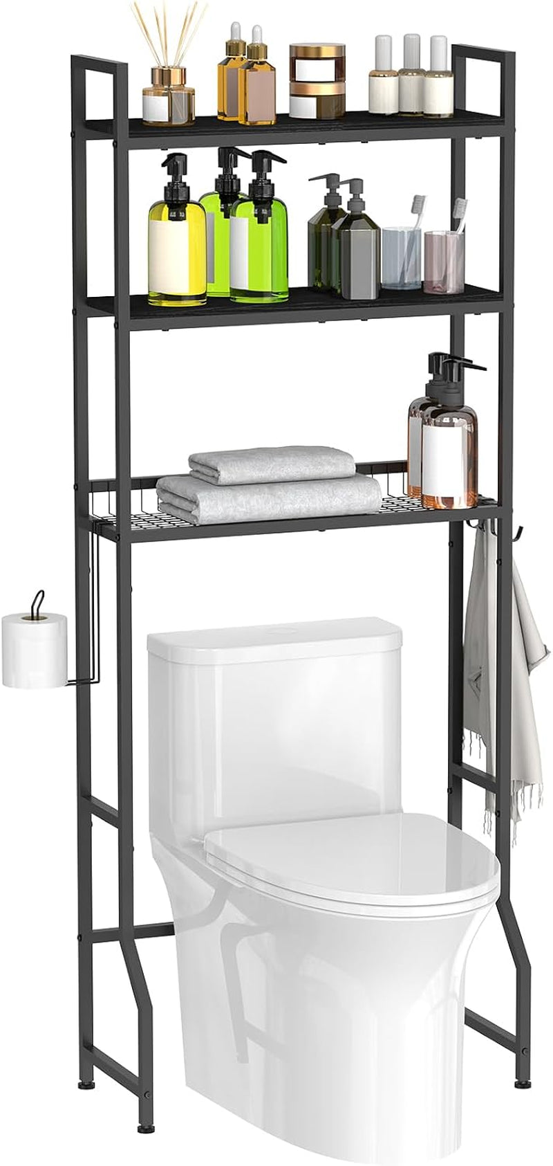 Stylish Over The Toilet Storage Organizer - Maximize Your Bathroom Space with 3 Tiers and Hooks