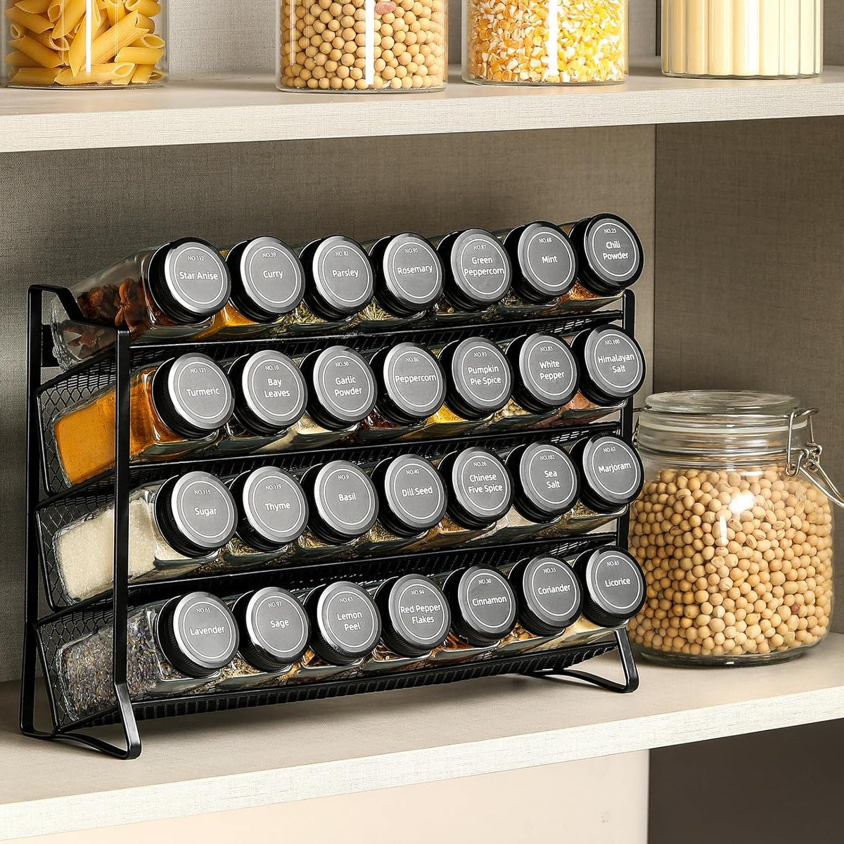 Premium Spice Rack Organizer with 28 Empty Spice Jars, Black Lids, Funnel, and Labels – Ideal for Kitchen, Pantry, and Cabinet Use