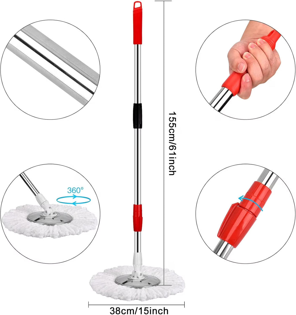 Spin Mop and Bucket Set, 360° Spin Mop and Bucket with Wringer Set and 3 Microfiber Mop Replacement Heads Refills, 61" Stainless Steel Extended Handle Spinning Mop Bucket System for Floor Cleaning