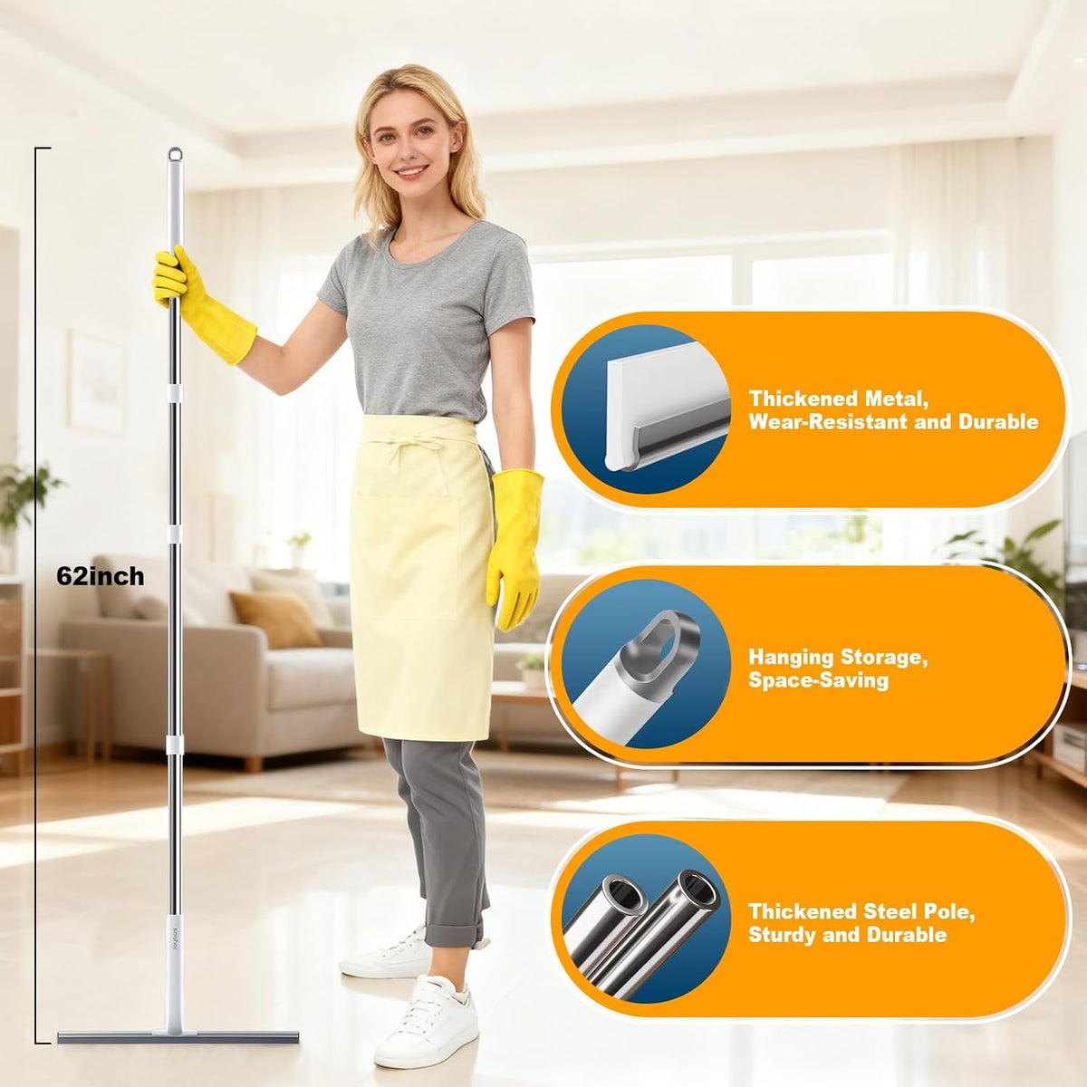 Rubber Floor Squeegee for Smooth Surface Concrete Floor, Tile Floor, Heavy Duty Garage Shower Floor Squeegee Broom for Removing Water, Commercial Scrubber Mop with Adjustable Long Handle (XL)