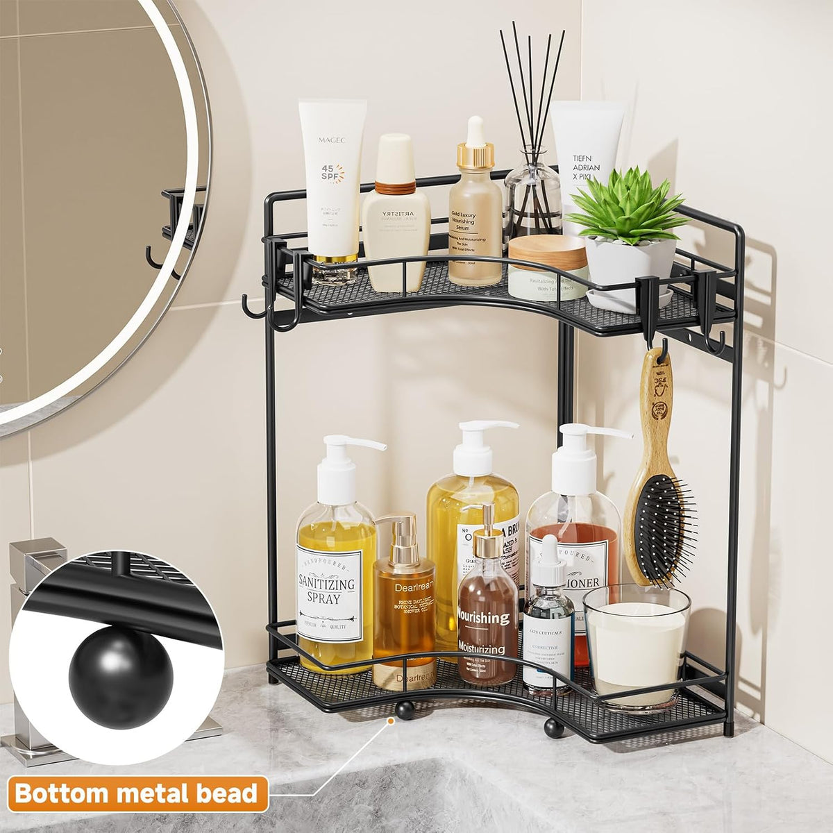 2-Tier Corner Bathroom Counter Organizer, Bathroom Countertop Organizer Storage for Sink, Metal Mesh Makeup Organizer for Vanity Countertop Kitchen with Hooks, Black