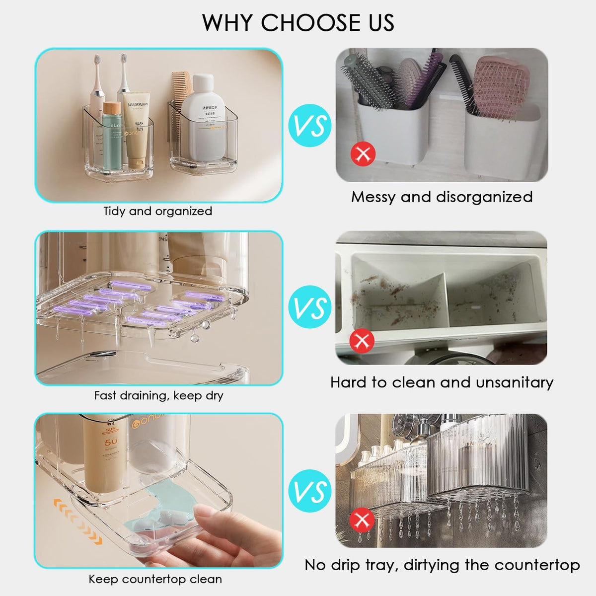 Bathroom Toothbrush Holders - Detachable Divided Design with Drawer Drainage System